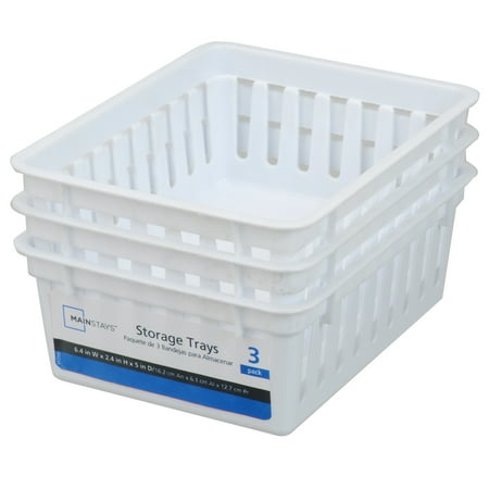 Mainstays 3-Pack Square Mini Plastic Storage Tray Organizers, Stackable Drawer Organizer Bins for Kitchen, Desk, Bathroom and Vanity Organization, White