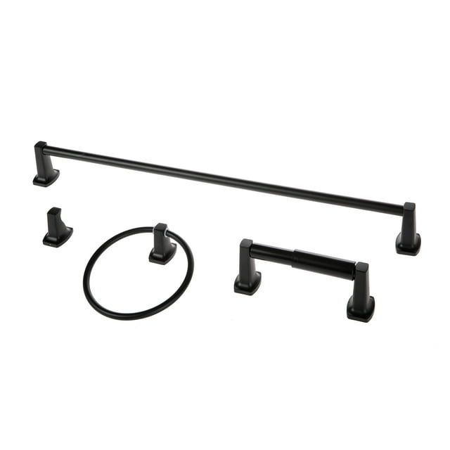 Mainstays Square Style 4 Piece Wall Mount Steel Towel Holder Bath Hardware Set, Matte Black