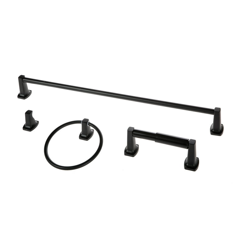Mainstays Square Style 4 Piece Wall Mount Steel Towel Holder Bath Hardware Set, Matte Black, Horizontal Orientation