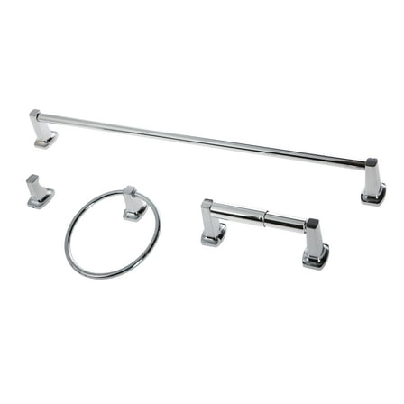 Mainstays Square Style Wall Mount Zinc 4 Piece Towel Holder Bath Hardware Set, Chrome Finish