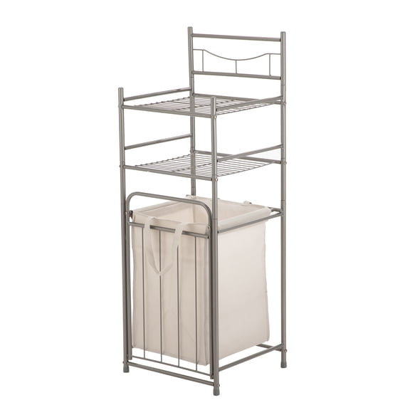 Mainstays Steel Bathroom Storage Tower with 2 Shelves and Removable Hamper, Satin Nickel