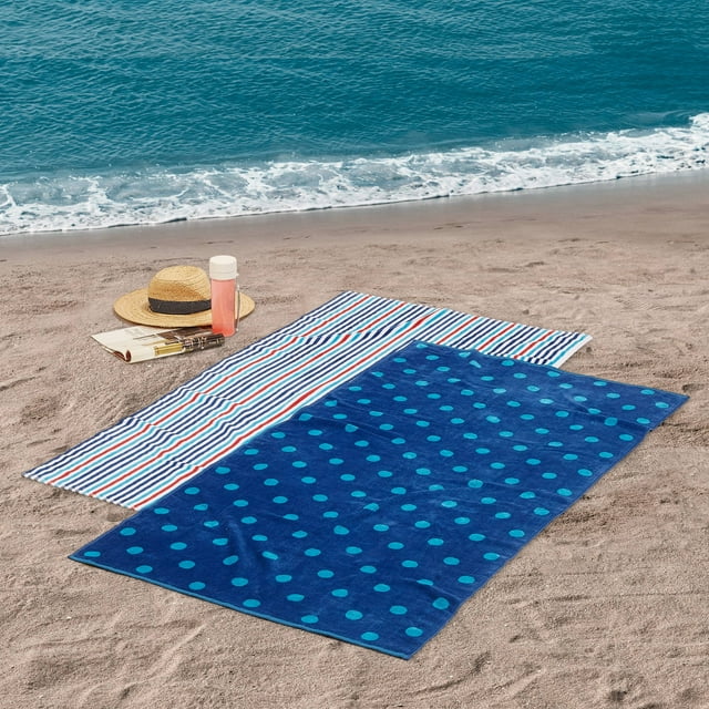 Mainstays Stripe and Polka Dot Reversible Cotton Beach Towel, 2 Pack