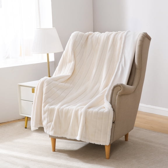Mainstays Striped Faux Fur Throw Blanket, Cream, 50 x 60 in