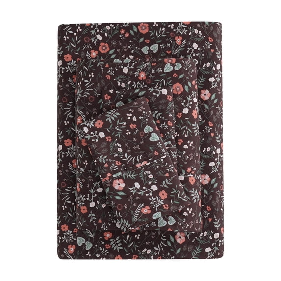 Mainstays Super Soft Brushed Microfiber Bed Sheet Set, Dark Brown Floral, Full, 4 Piece