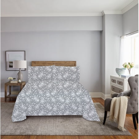 Mainstays Super Soft Brushed Microfiber Bed Sheet Set, Full, Gray Floral, 4 Piece