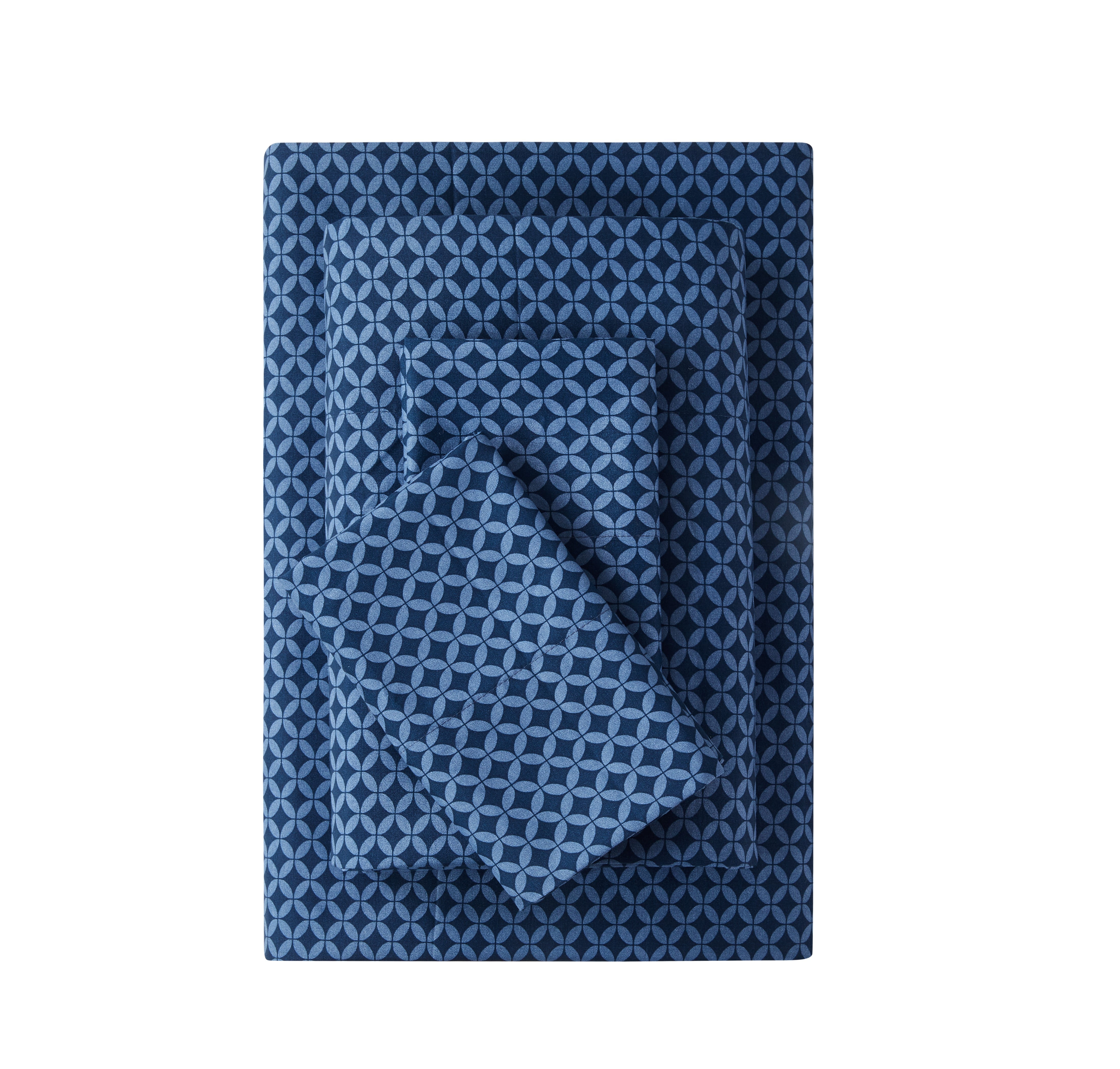 Mainstays Super Soft Brushed Microfiber Bed Sheet Set, Full, Navy Geo, 4 Piece