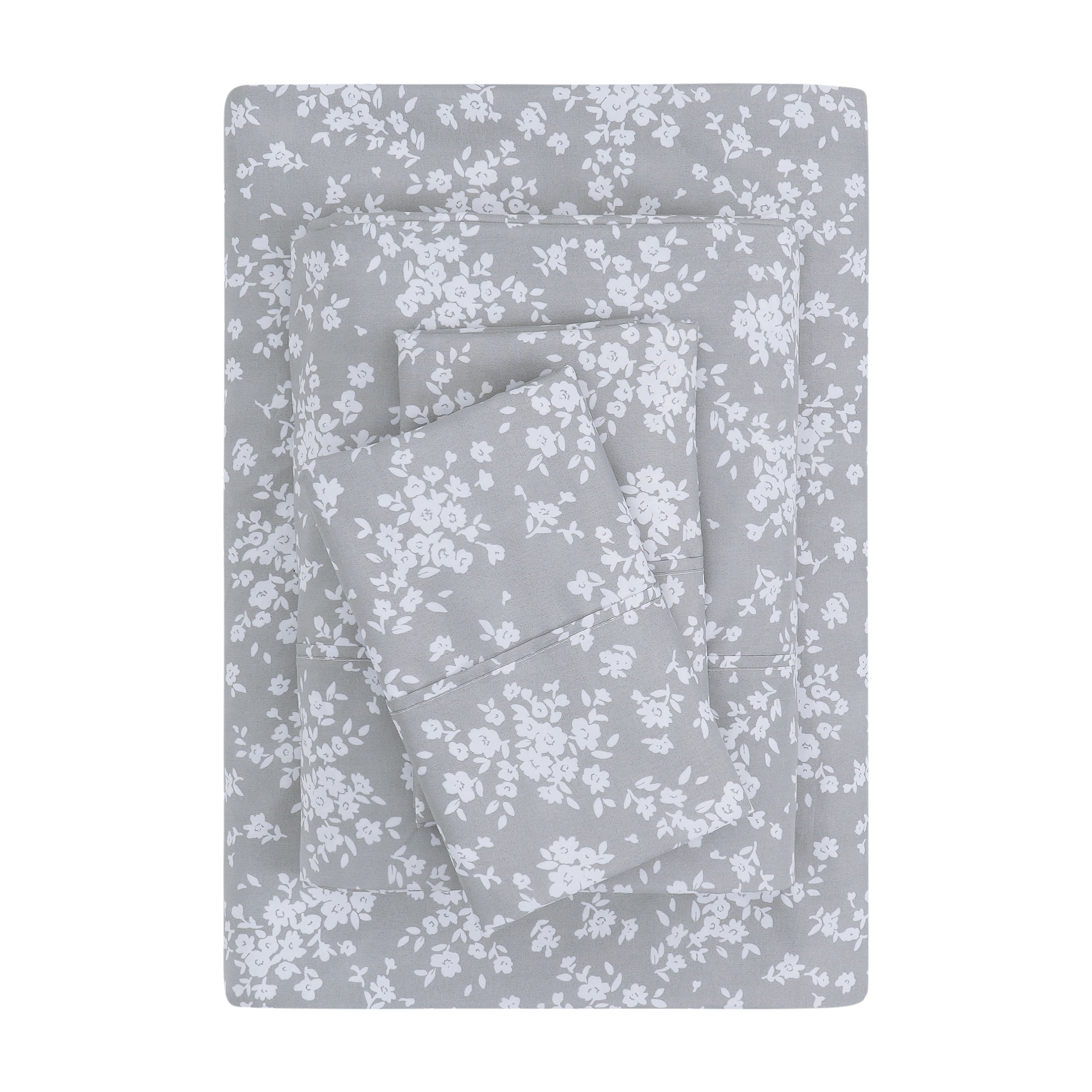 Mainstays Super Soft Brushed Microfiber Bed Sheet Set, Gray Floral, King, 4 Piece