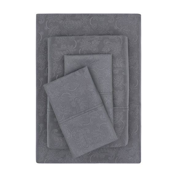 Mainstays Super Soft Brushed Microfiber Bed Sheet Set, Grey Embossed Hayden Paisley, Full, 4 Piece