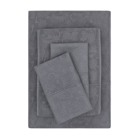 Mainstays Super Soft Brushed Microfiber Bed Sheet Set, Grey Embossed Hayden Paisley, Full, 4 Piece