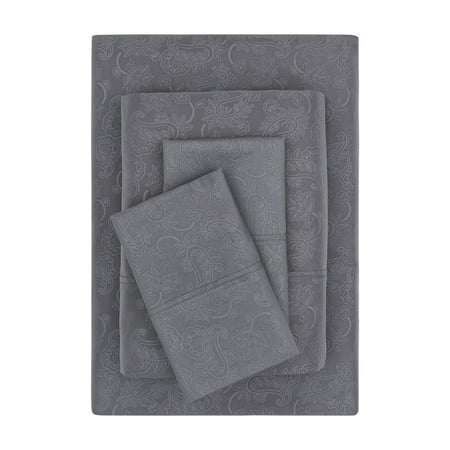 Mainstays Super Soft Brushed Microfiber Bed Sheet Set, Grey Embossed Hayden Paisley, King, 4 Piece