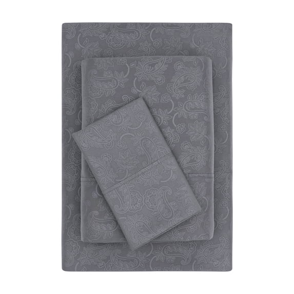 Mainstays Super Soft Brushed Microfiber Bed Sheet Set, Grey Embossed Hayden Paisley, Twin-XL, 3 Piece