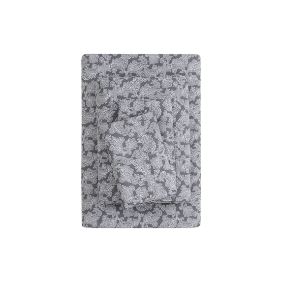 Mainstays Super Soft Brushed Microfiber Bed Sheet Set, Grey Hayden Paisley Print, Full, 4 Piece
