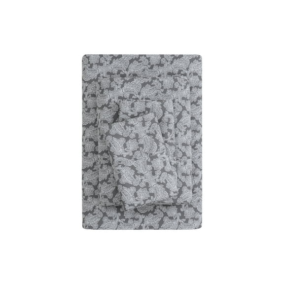 Mainstays Super Soft Brushed Microfiber Bed Sheet Set, Grey Hayden Paisley Print, King, 4 Piece