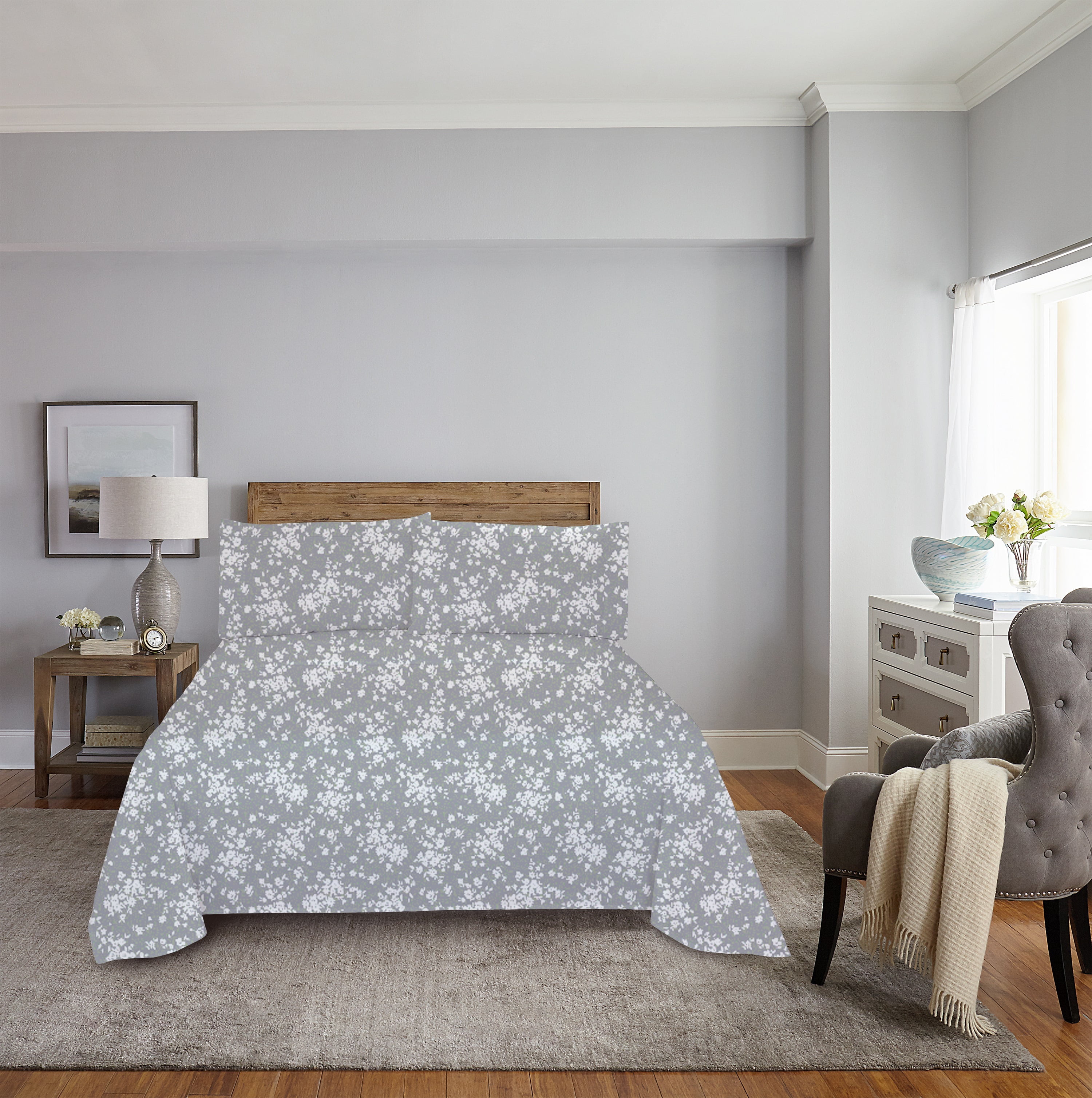 Mainstays Super Soft Brushed Microfiber Bed Sheet Set, King, Gray Floral, 4 Piece