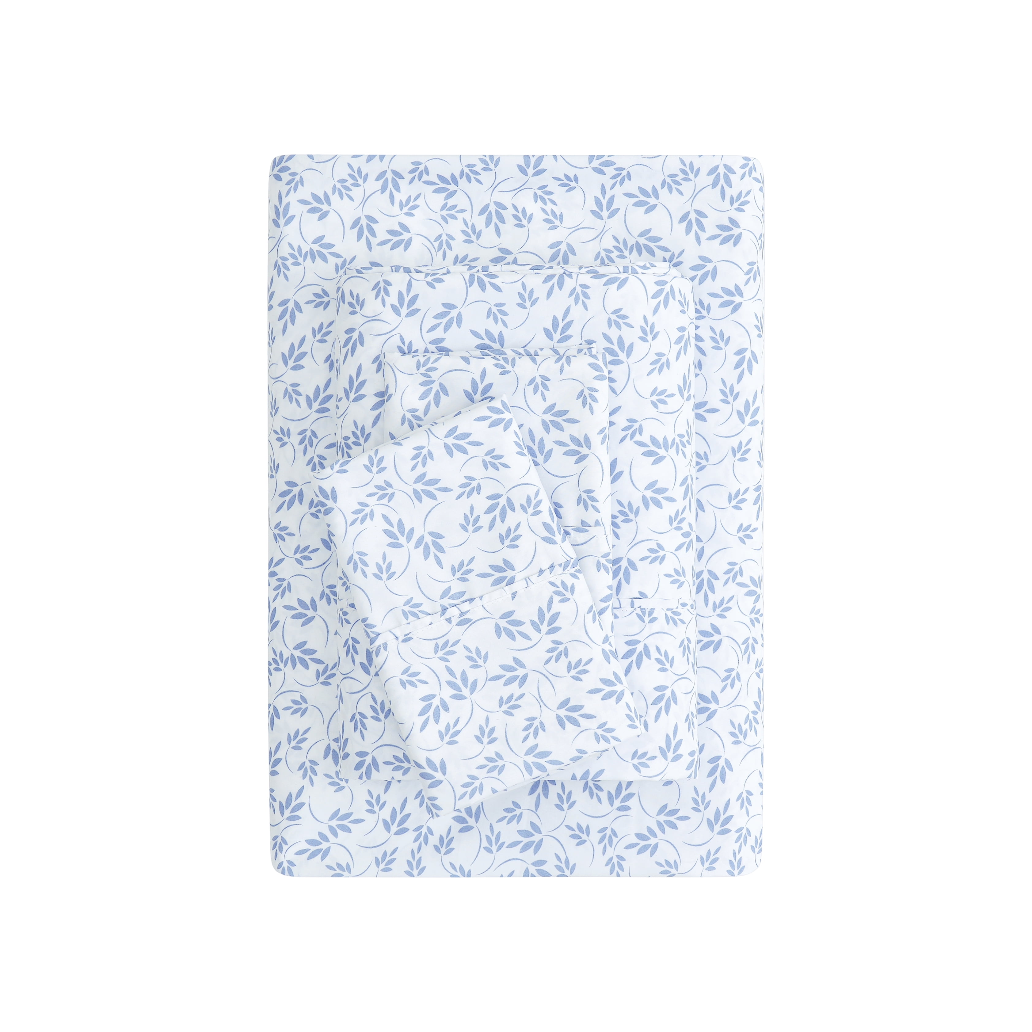 Mainstays Super Soft Brushed Microfiber Bed Sheet Set, Light Blue Leaves, King, 4 Piece