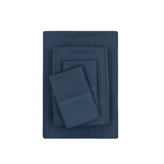 Mainstays Super Soft Brushed Microfiber Bed Sheet Set, Navy Blue Embossed Stripe, Full, 4 Piece