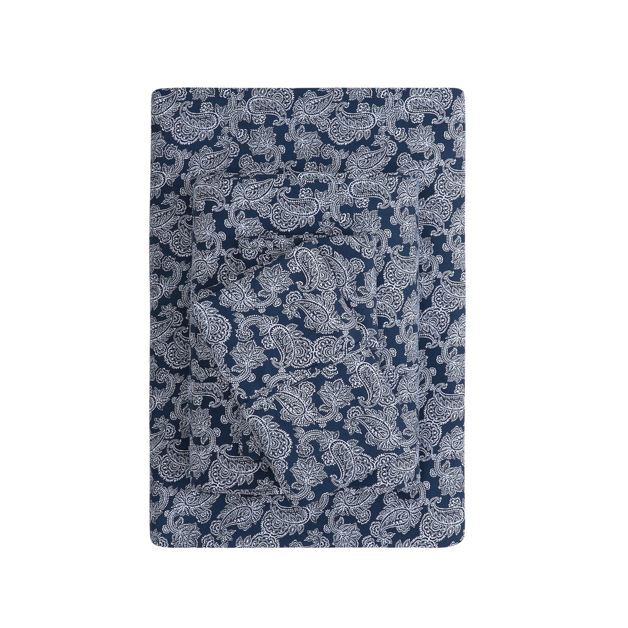 Mainstays Super Soft Brushed Microfiber Bed Sheet Set, Navy Blue Hayden Paisley Print, Full, 4 Piece