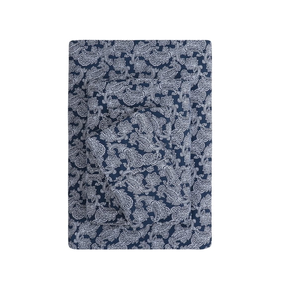 Mainstays Super Soft Brushed Microfiber Bed Sheet Set, Navy Blue Hayden Paisley Print, Full, 4 Piece