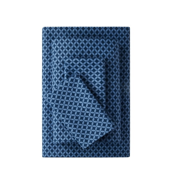 Mainstays Super Soft Brushed Microfiber Bed Sheet Set, Queen, Navy Geo, 4 Piece