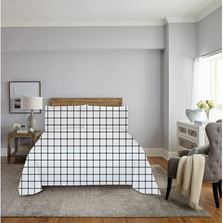 Mainstays Super Soft Brushed Microfiber Bed Sheet Set, Queen, White Windowpane, 4 Piece