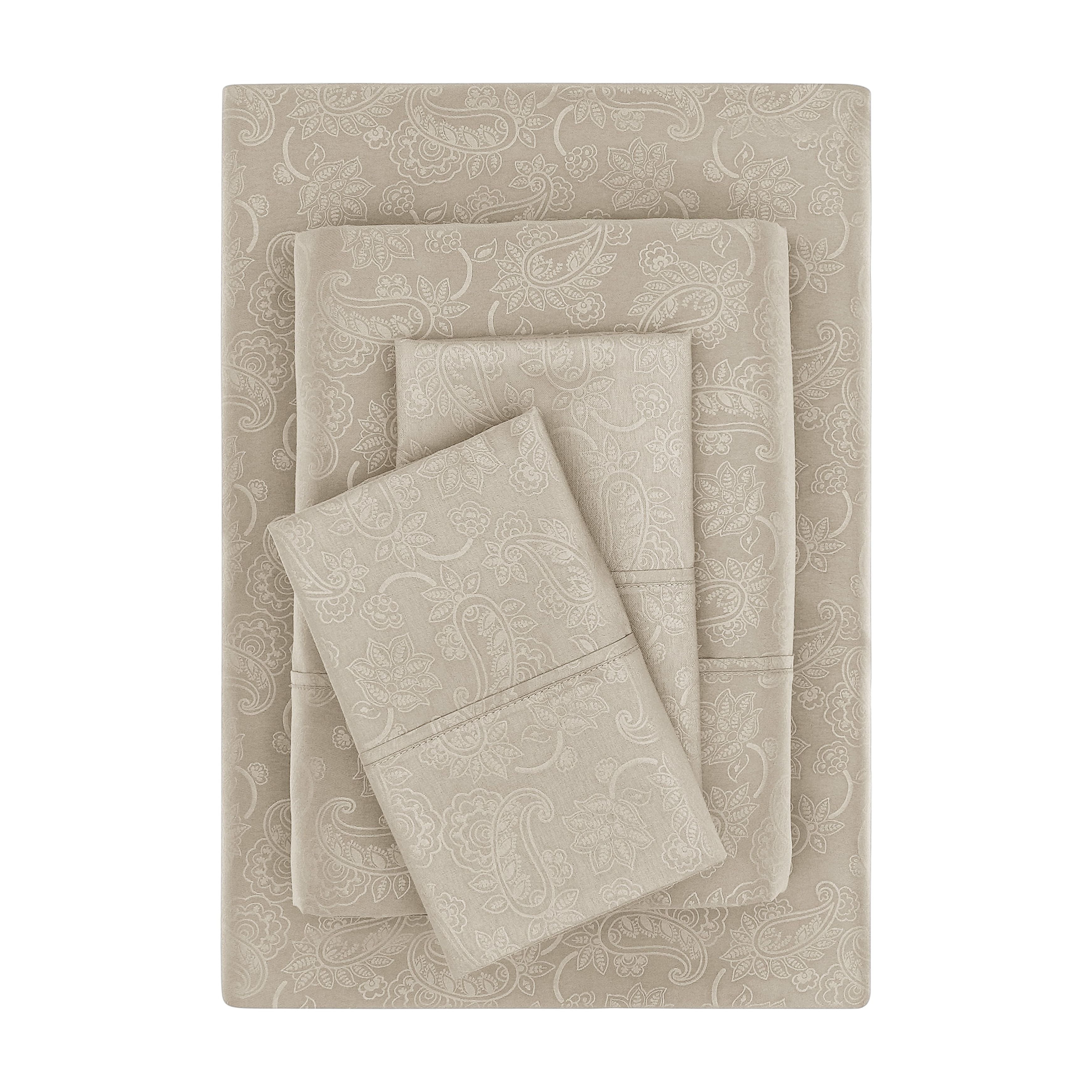 Mainstays Super Soft Brushed Microfiber Bed Sheet Set, Washed Tan Embossed Hayden Paisley, King, 4 Piece