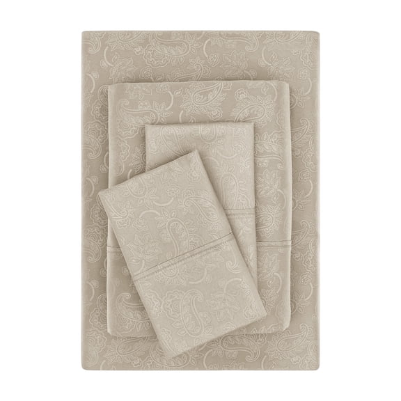 Mainstays Super Soft Brushed Microfiber Bed Sheet Set, Washed Tan Embossed Hayden Paisley, Queen, 4 Piece