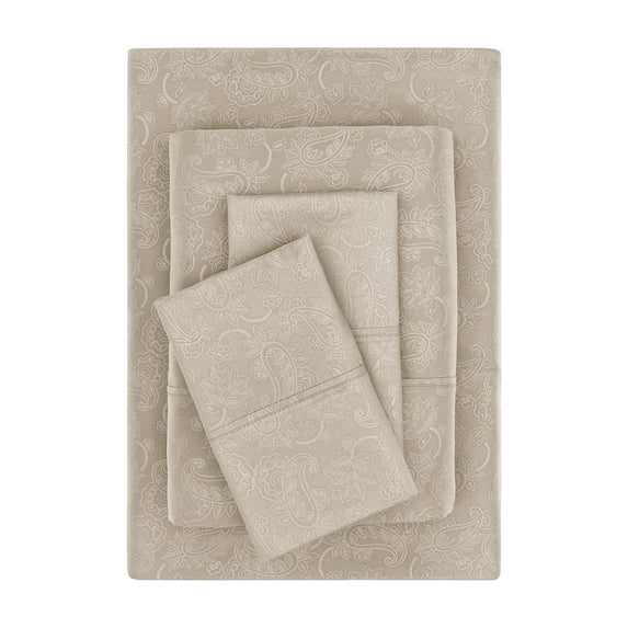 Mainstays Super Soft Brushed Microfiber Bed Sheet Set, Washed Tan Embossed Hayden Paisley, Queen, 4 Piece