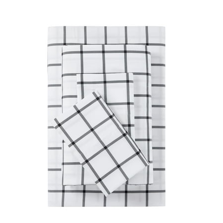 Mainstays Super Soft High Quality Brushed Microfiber Bed Sheet Set, Queen, White Windowpane, 4 Piece