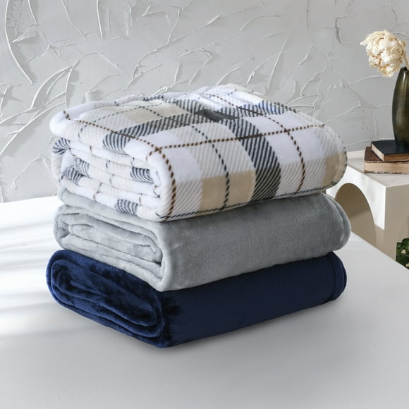 Mainstays Super Soft Plush Blanket, Neutral Plaid, Twin, Adult/Teen