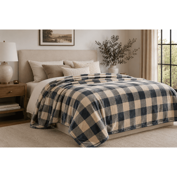 Mainstays Super Soft Plush Check Bed Blanket, Full/Queen, 90 in x 90 in