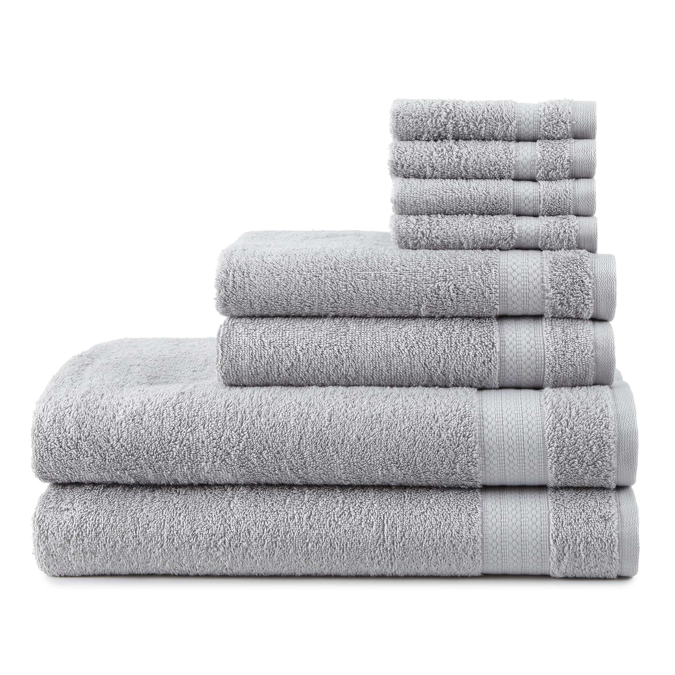 Mainstays Supersoft 100% Cotton 8-Piece Fade Resistant Towel Set, Soft Silver