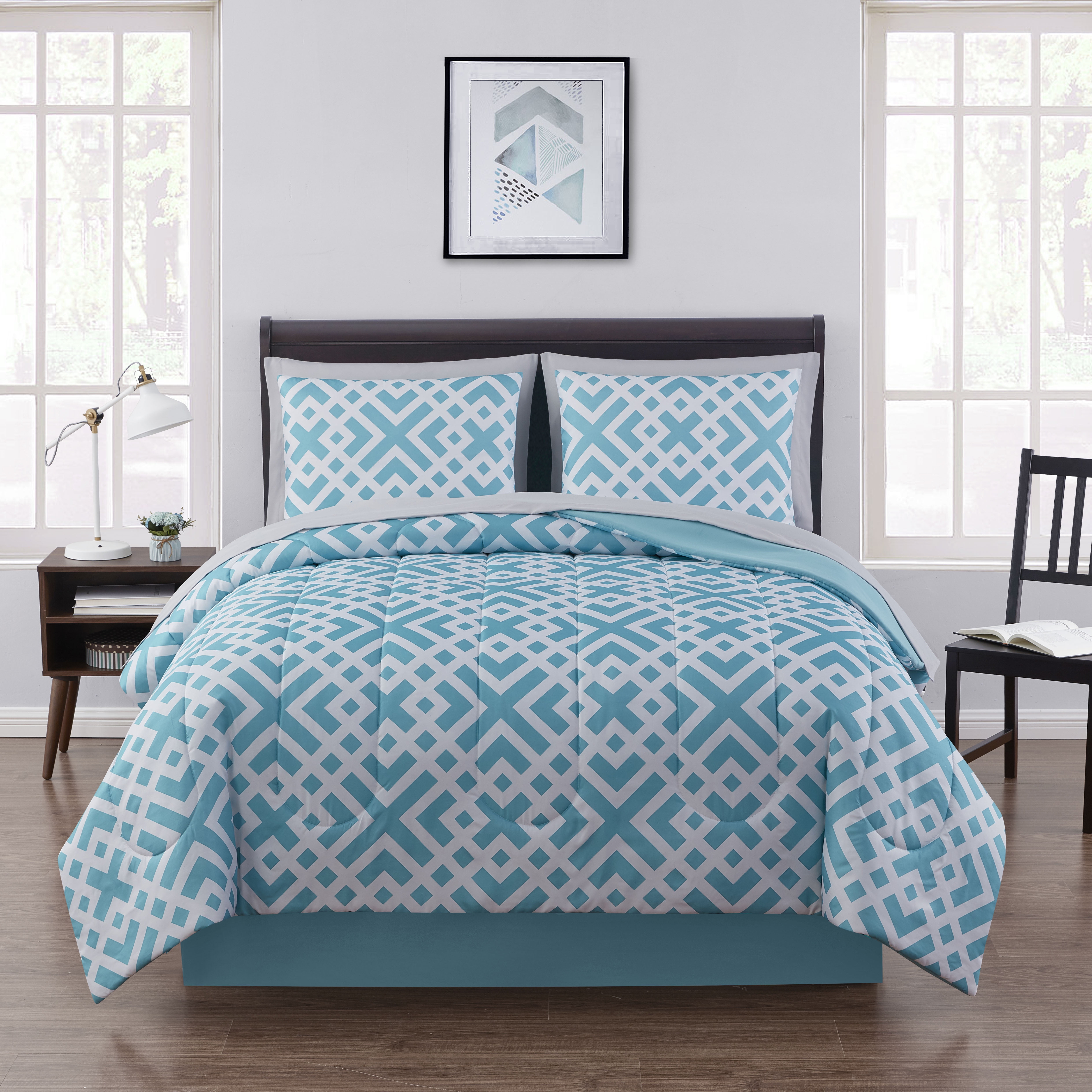 Mainstays Teal Geometric 6 Piece Bed in a Bag Comforter Set with Sheets