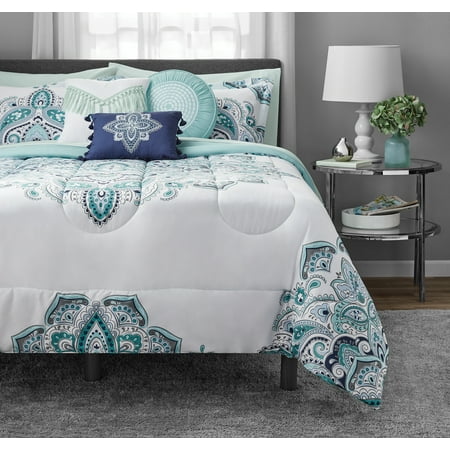 Mainstays Teal Medallion 10-Piece Bed in a Bag Comforter Set with Sheets, Queen