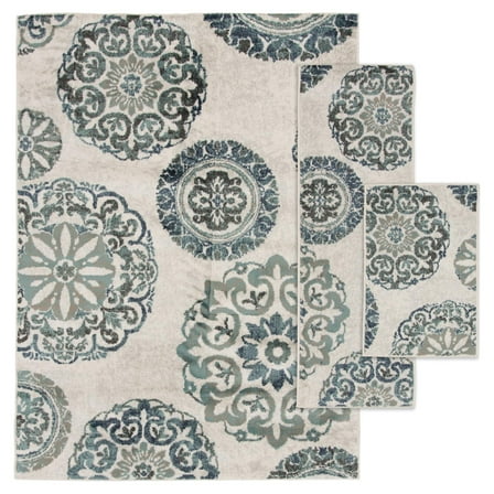 Mainstays Teal Medallion 3 Piece Indoor Area Rug Set