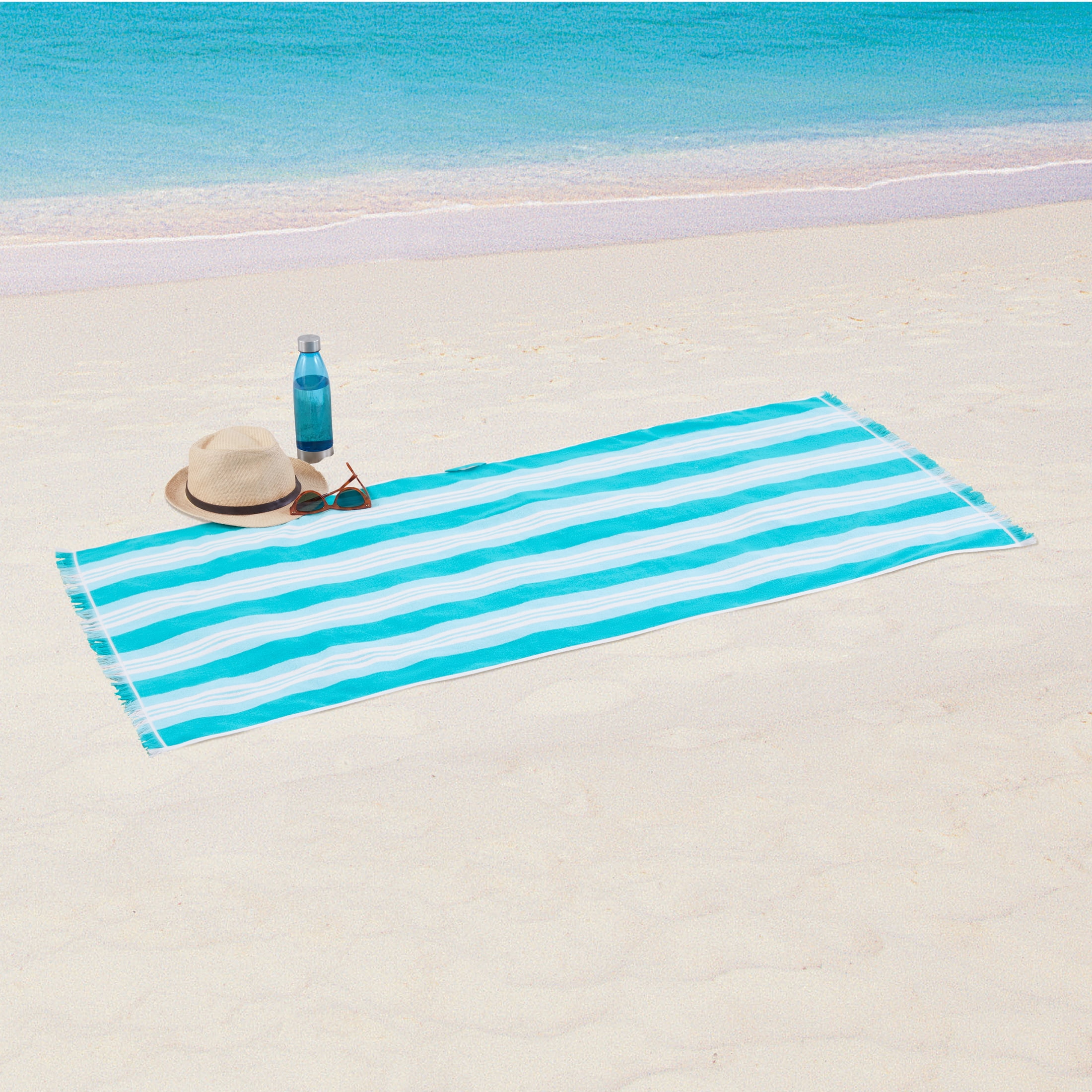 Mainstays Teal Striped Flat-Woven Fouta Cotton-Blend Beach Towel