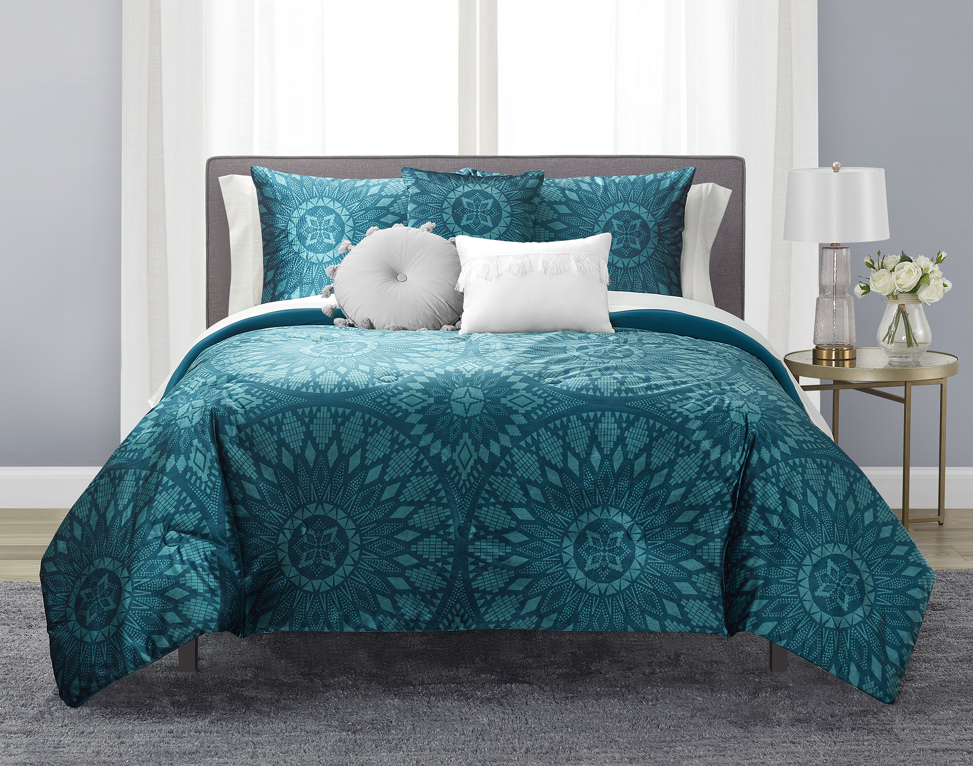 Mainstays Teal Velvet Medallion 10 Piece Bed in a Bag with Sheets and 3 DecPillows, Full - image 1 of 12