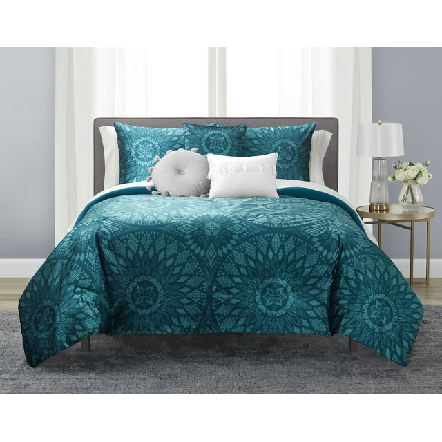 Mainstays Teal Velvet Medallion 10 Piece Bed in a Bag with Sheets and 3 DecPillows, Full