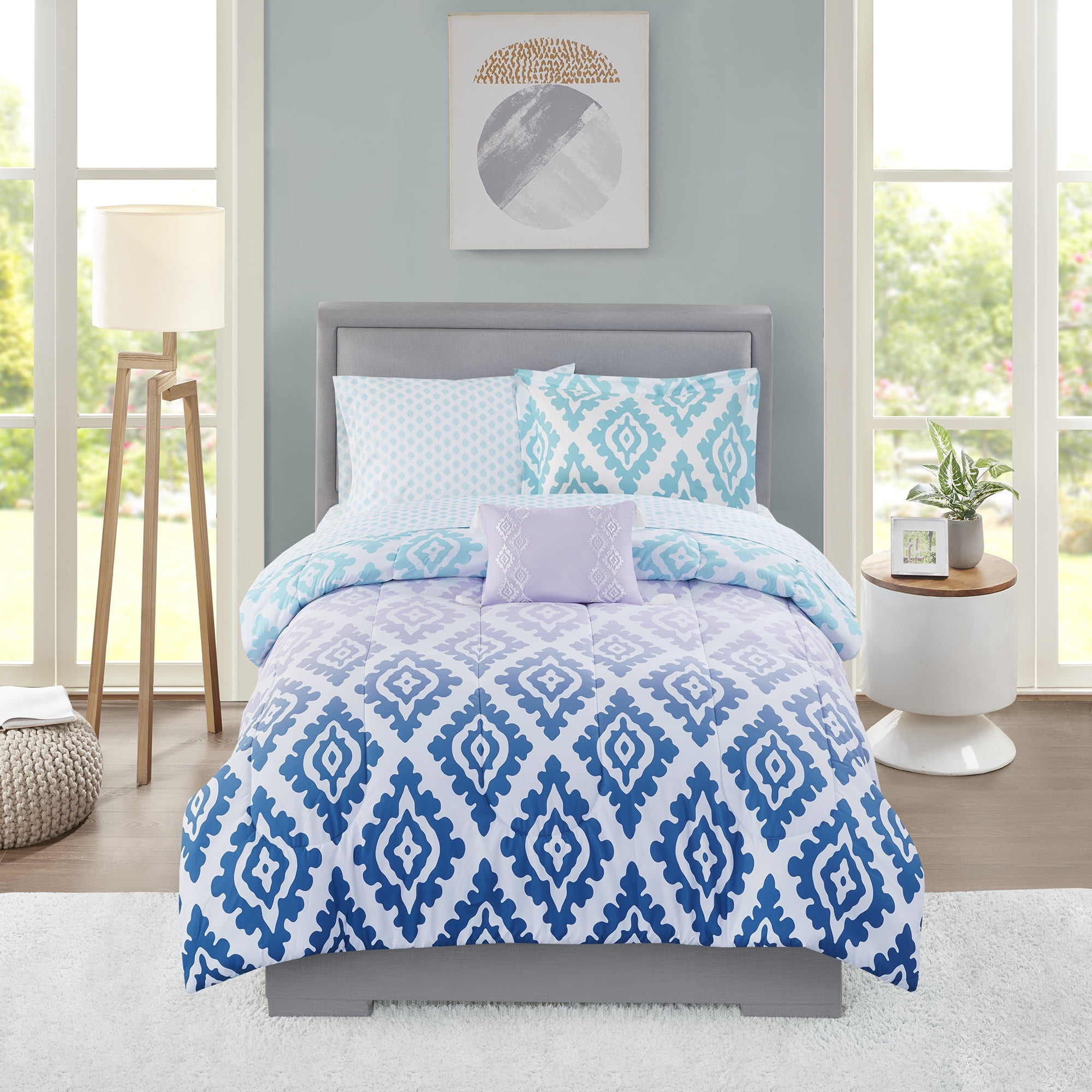Mainstays Teal and Purple 6 Piece Bed in a Bag Comforter Set with Sheets, Twin/Twin XL