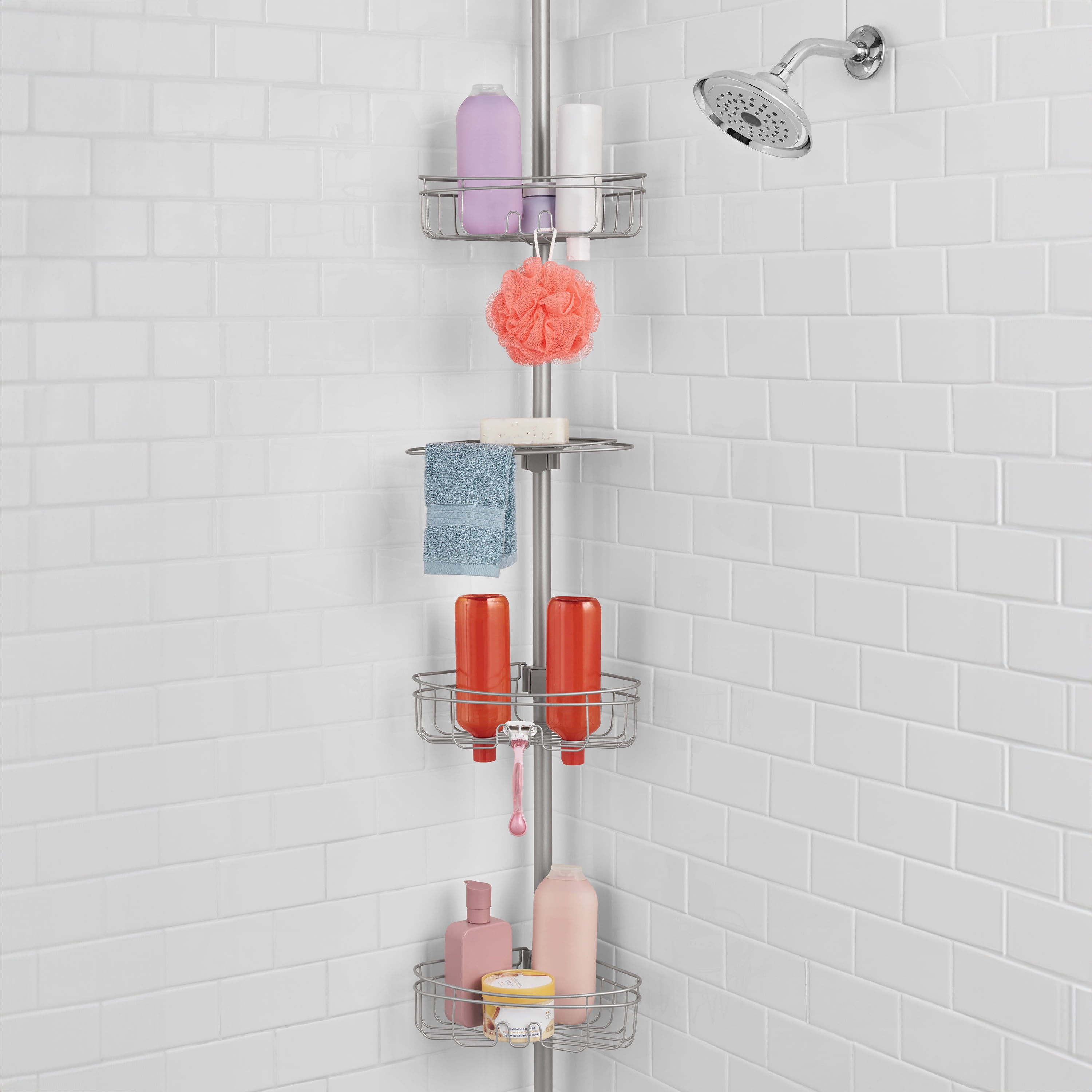 Satin Nickel Adjustable Tension Rod Shower Caddy with 3 Baskets