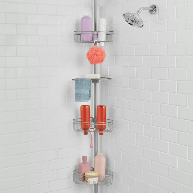 Mainstays Tension Rod Shower Caddy, RustResistant 3 Tier Corner Pole
