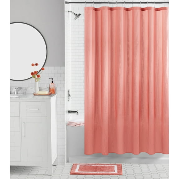Mainstays 16-Piece Terracotta Textured Shower Curtain Bathroom Set  Fabric Curtain with Rug, Hooks, Soap Pump & Tray