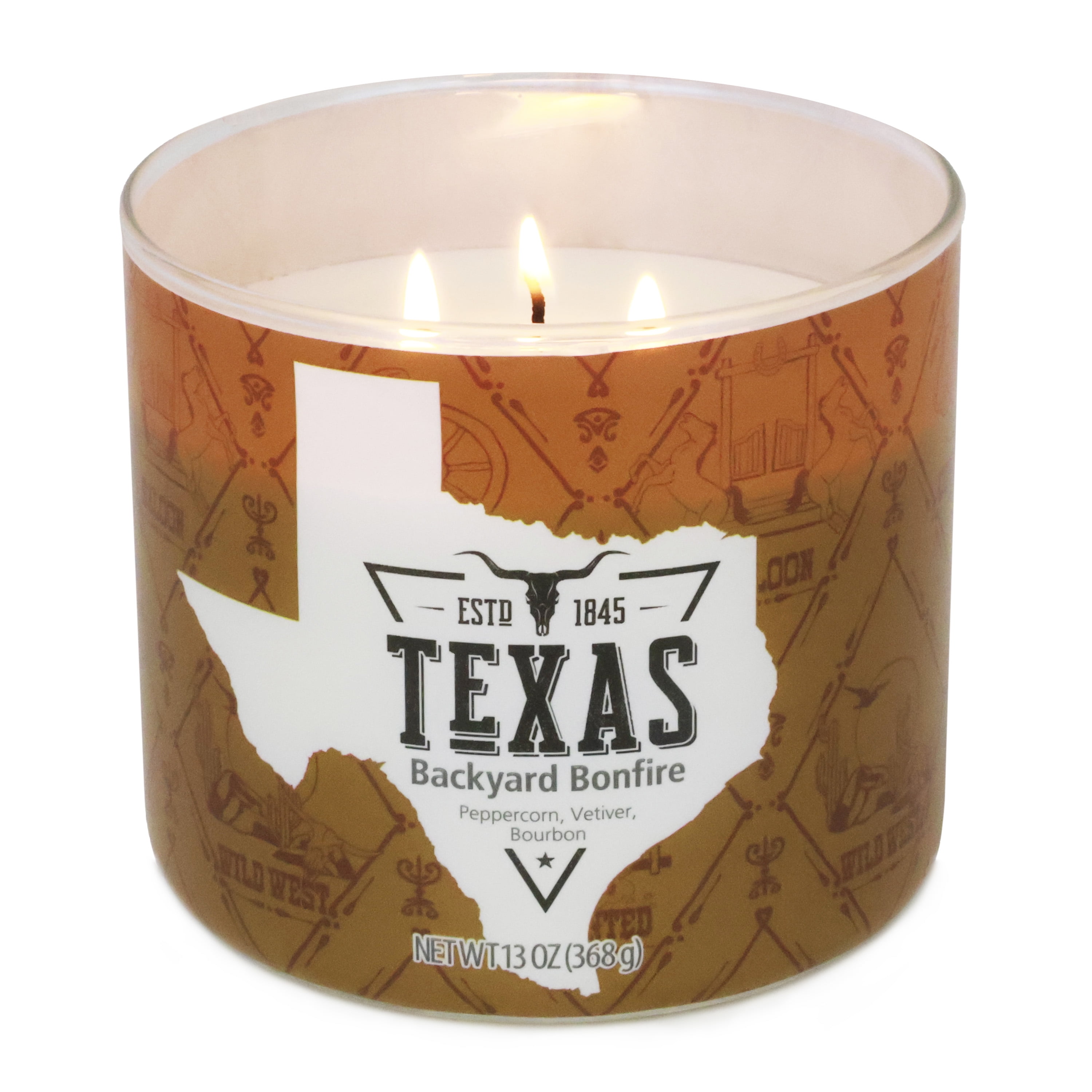 Mainstays Texas Themed Backyard Bonfire 3-Wick Candle, 13-Ounce
