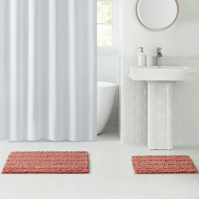 Mainstays Textured Chenille HighLow Noodle Bath Rug Set, Pink, 2
