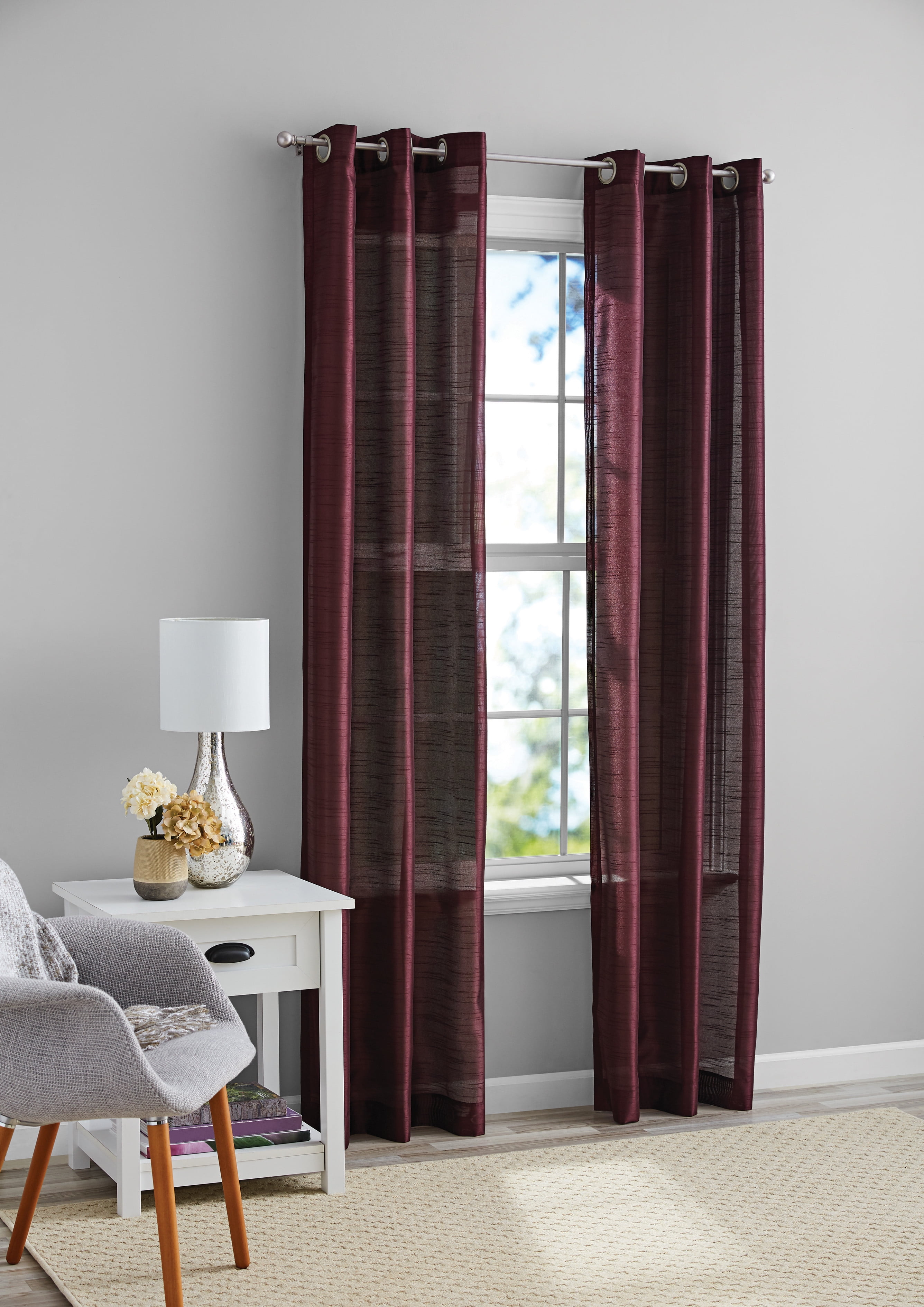 Mainstays Textured Faux Silk Light Filtering Grommet Curtain Panel, Set of 2, Burgundy, 37” W x 84” L