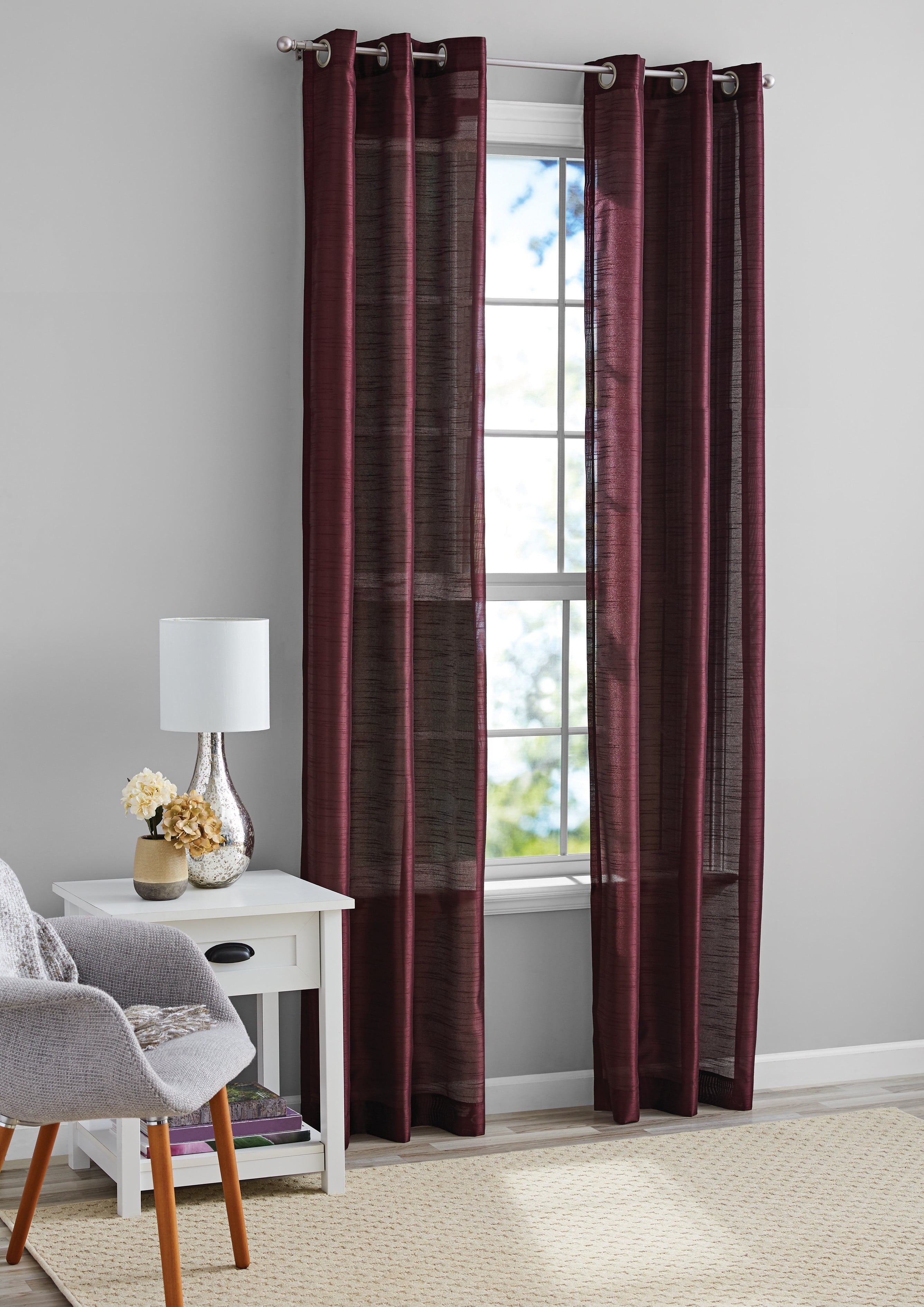 Mainstays Textured Faux Silk Light Filtering Grommet Curtain Panel, Set of 2, Burgundy, 37” W x 95” L