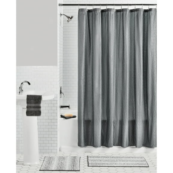 Mainstays Textured Grey 15 Piece Shower Curtain & Rug Bath Set, 70x 72, Grey