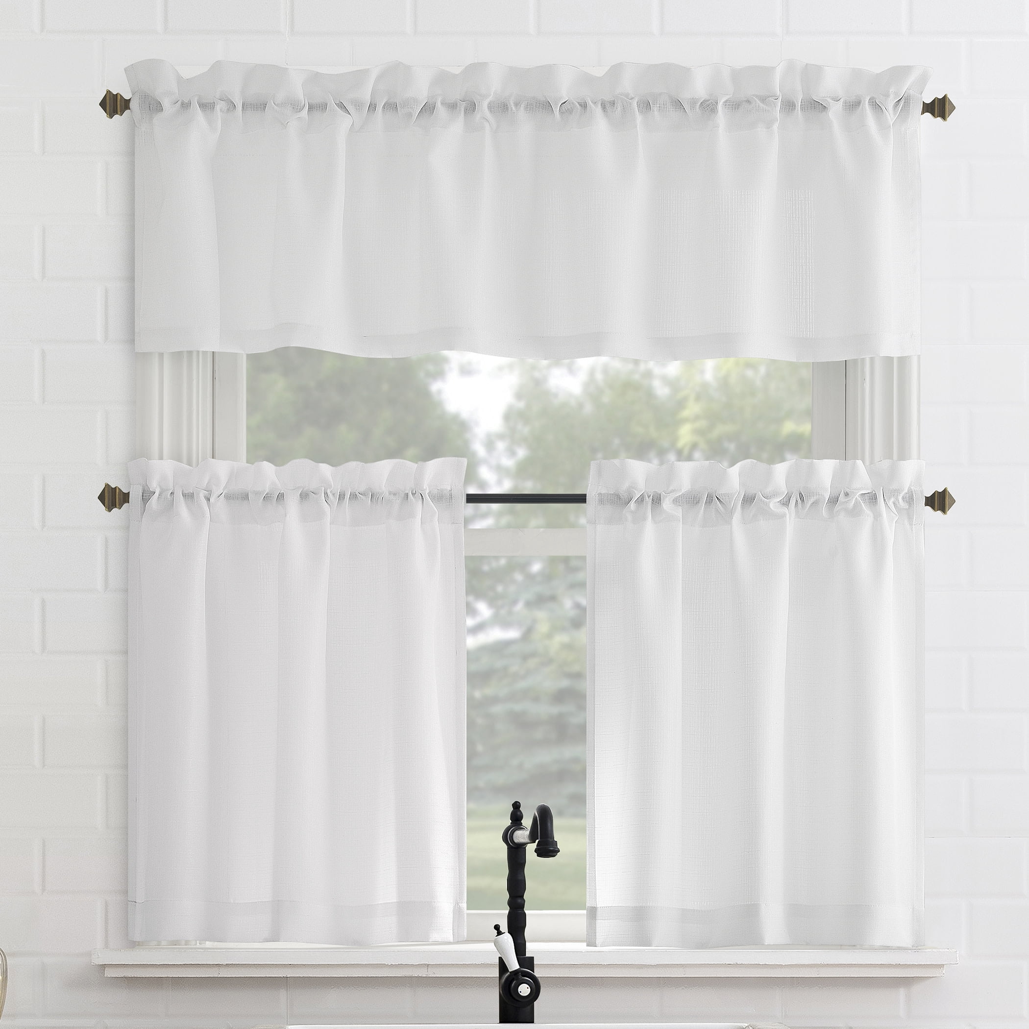 Mainstays Textured Small Window 3-Piece Cafe Curtains with Valance, Rod Pocket, White, 56 in W x 36 in L