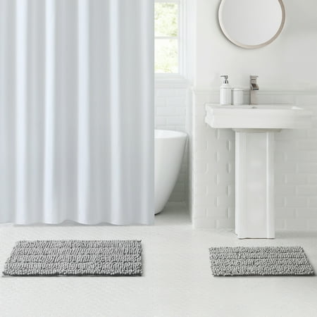 Mainstays Textured Chenille High-Low Noodle Bath Rug Set, Soft Silver, 2 Pieces