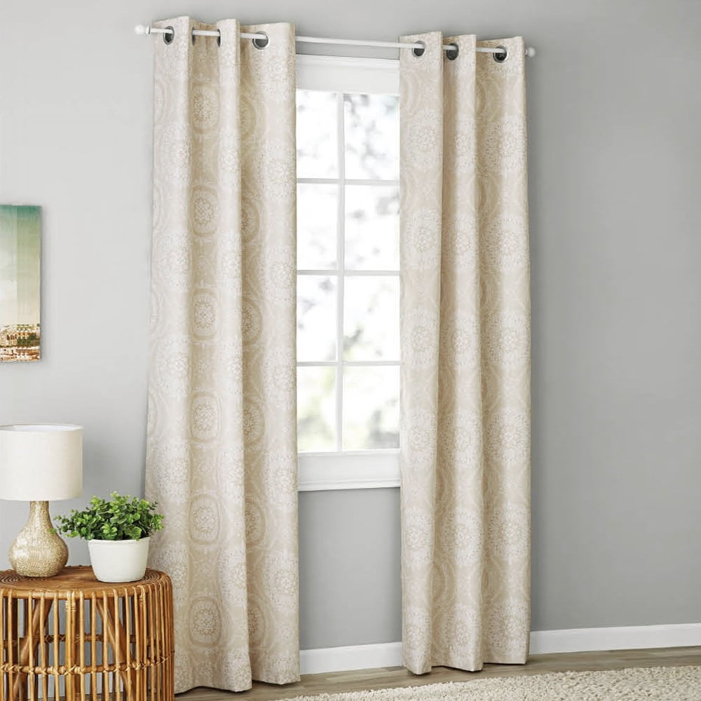 Mainstays Olan Textured Solid Blackout Grommet Curtain Panel Pair Window Treatment, Set of 2 Room Darkening Drapes for Bedroom, Ivory Print, 37" W x 84" L
