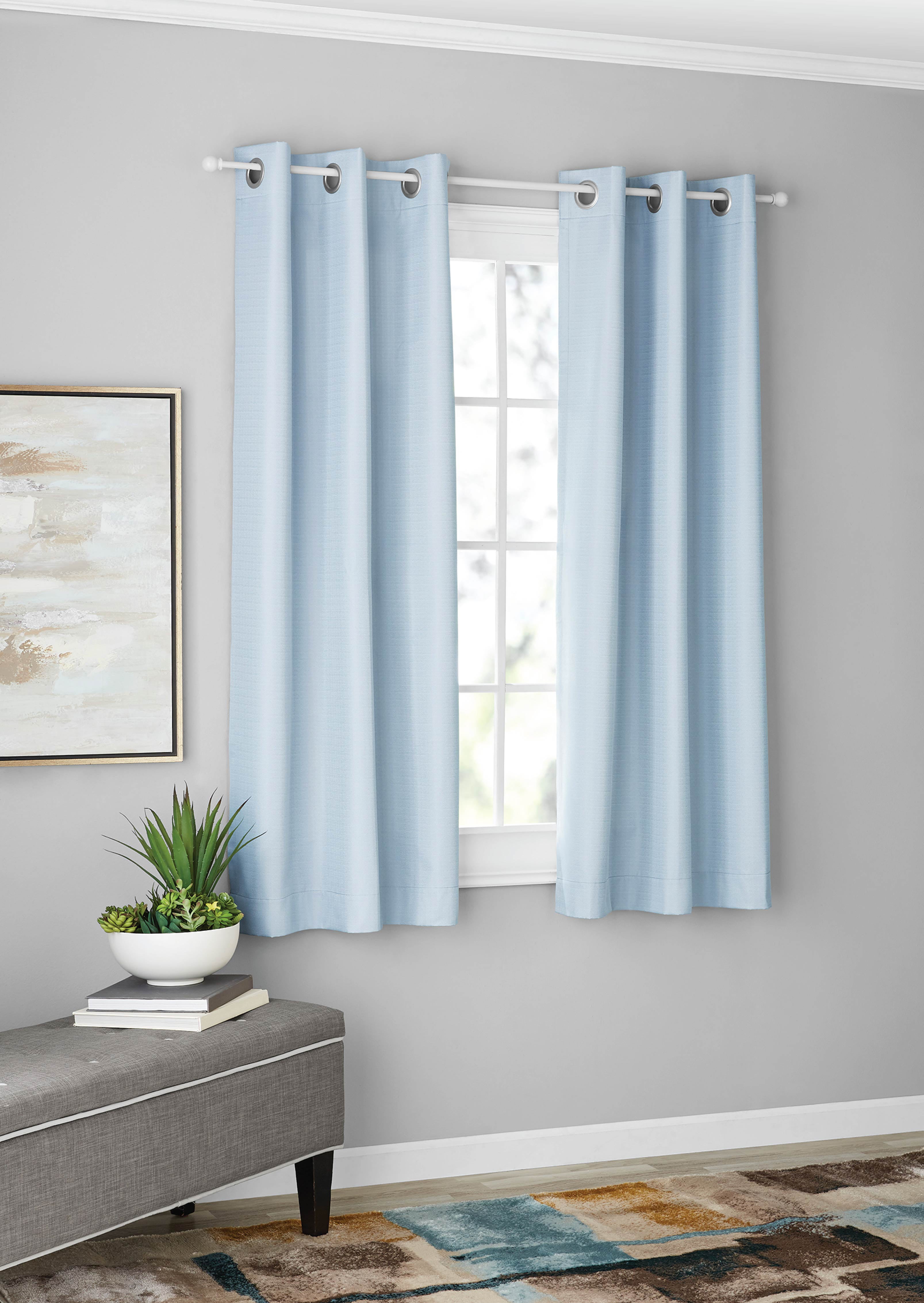 Mainstays Olan Textured Solid Blackout Grommet Curtain Panel Pair Window Treatment, Set of 2 Room Darkening Drapes for Bedroom, Light Blue, 37" W x 63" L